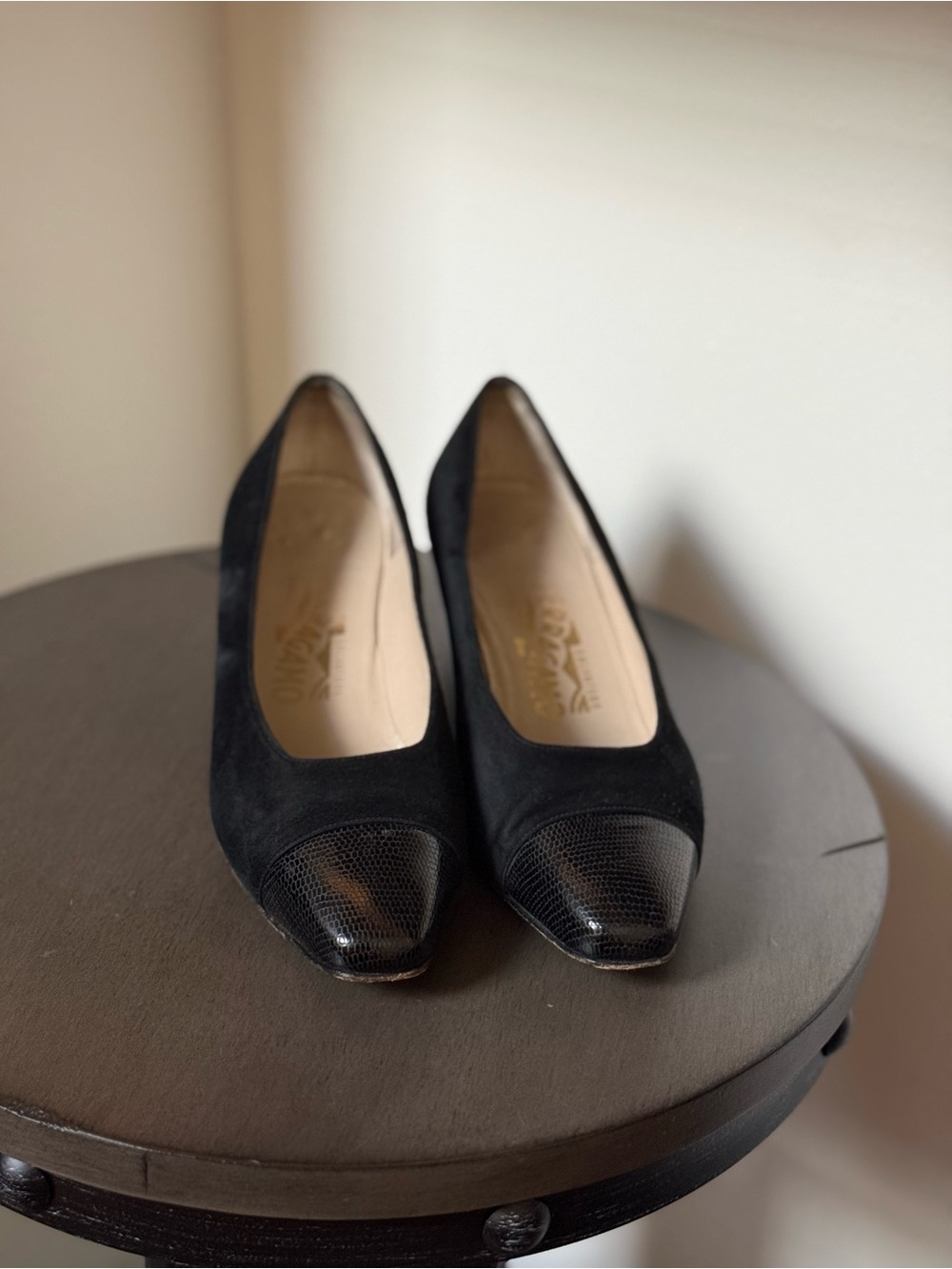 Salvatore Ferragamo Black Suede Flats with Patent Cap Toe